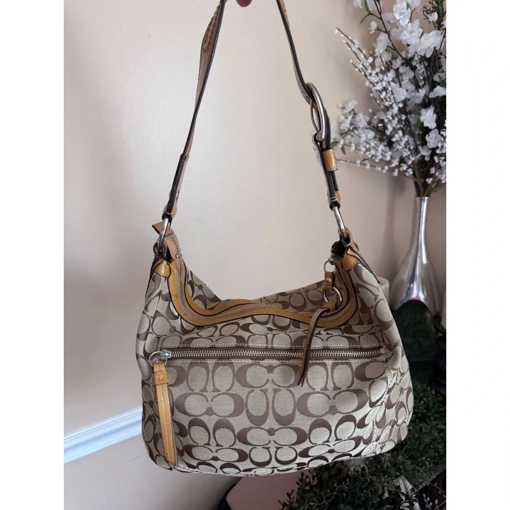 Coach Signature Canvas Hobo Bag Khaki Tan Leather F13116